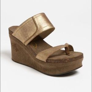 OTBT Brookfield brown leather suede wedge sandals size 6.5 women’s peep toe shoe